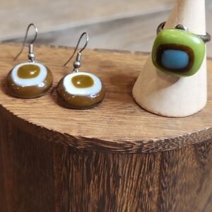 Vintage Sterling Silver Fused Glass Earrings & Adjustable Ring Set
